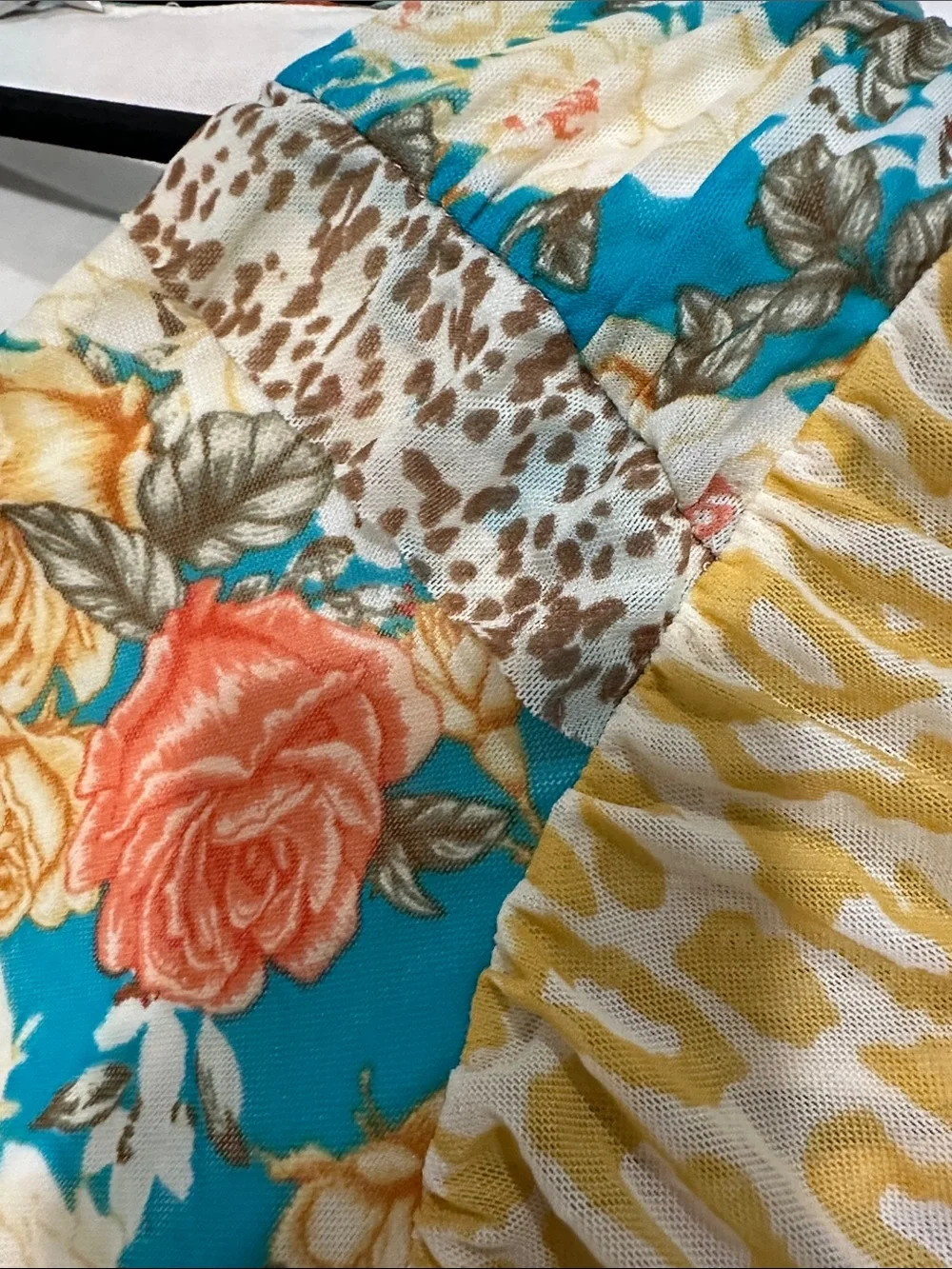 Teal Floral V-Neck Peasant Top with Yellow Accent Sleeves - Picture 3 of 3
